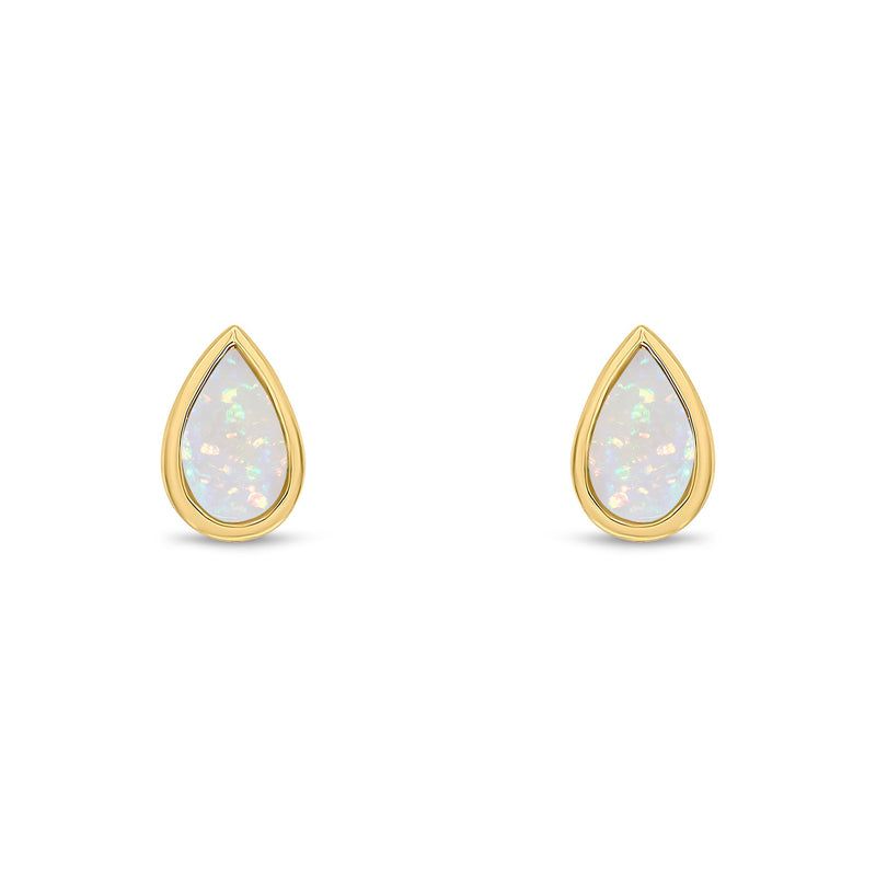 9ct Yellow Gold Pear Shaped Natural Opal Rubover Stud Earrings — 5x3mm