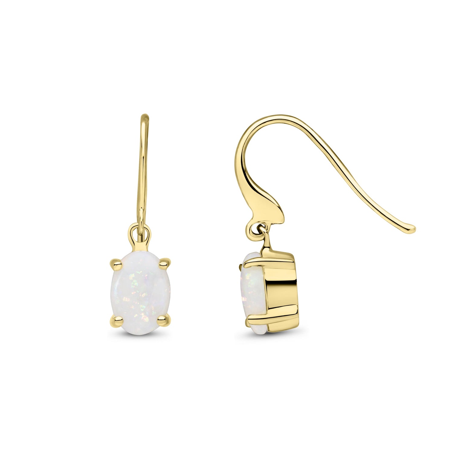9ct Yellow Gold Oval Natural Opal Hook Wire Drop Earrings — 7x5mm