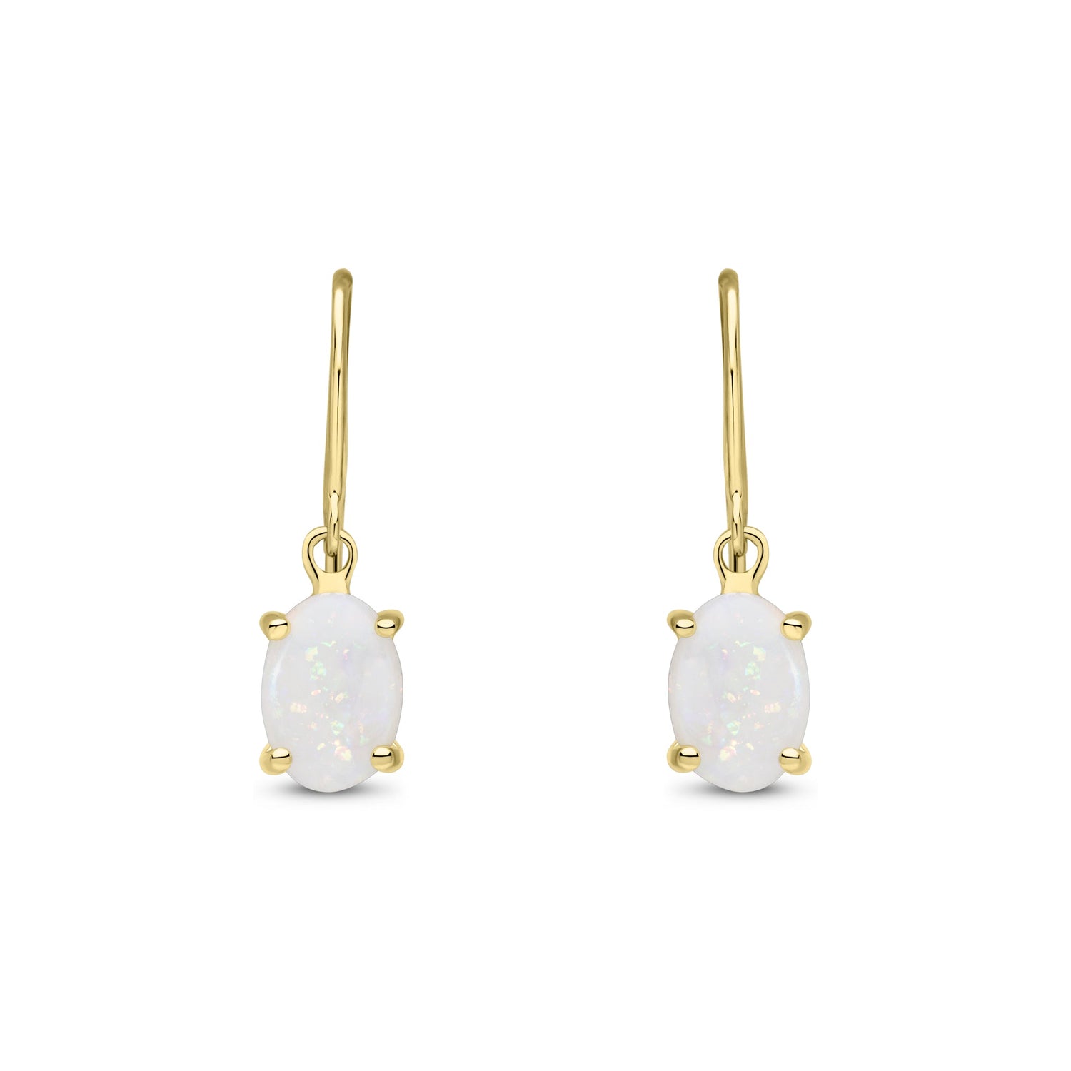 9ct Yellow Gold Oval Natural Opal Hook Wire Drop Earrings — 7x5mm