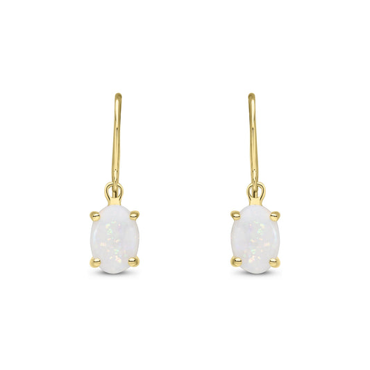 9ct Yellow Gold Oval Opal Hook Wire Drop Earrings — 7x5mm