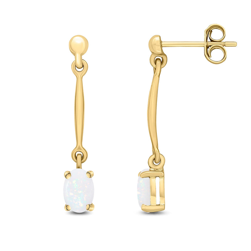 9ct Yellow Gold Oval Natural Opal Claw Bar Drop Earrings — 6x4mm