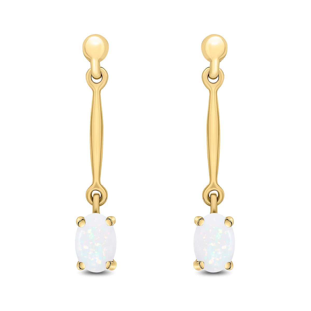 9ct Yellow Gold Oval Natural Opal Claw Bar Drop Earrings — 6x4mm