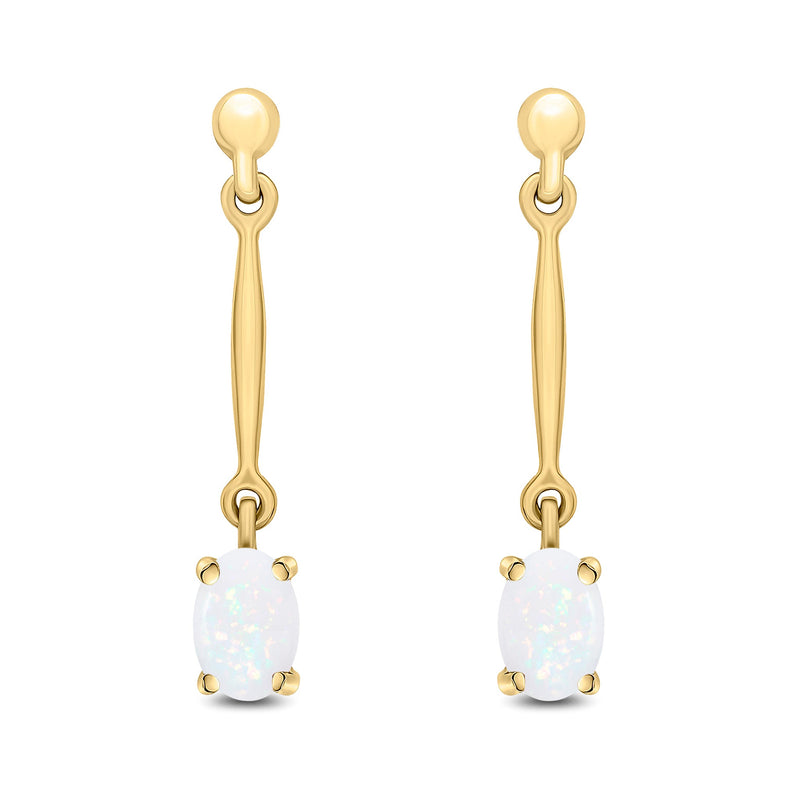 9ct Yellow Gold Oval Natural Opal Claw Bar Drop Earrings — 6x4mm