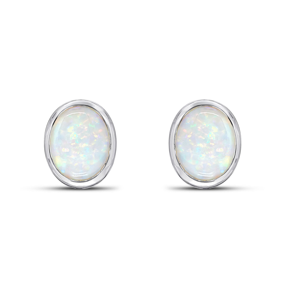 9ct White Gold Oval Natural Opal Rubover Stud Earrings — 9x7mm