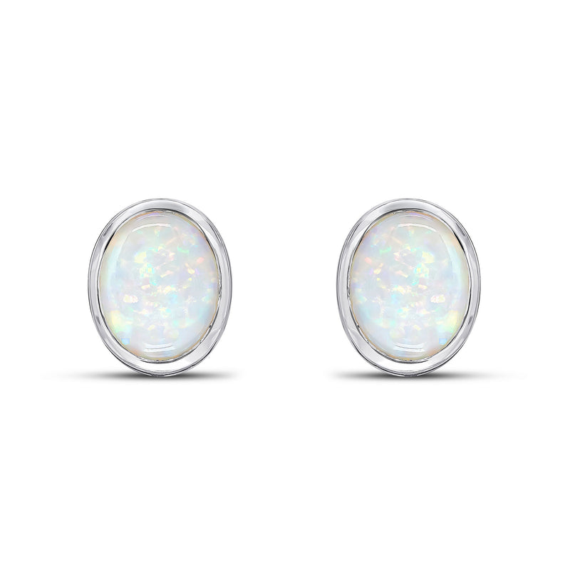9ct White Gold Oval Natural Opal Rubover Stud Earrings — 9x7mm