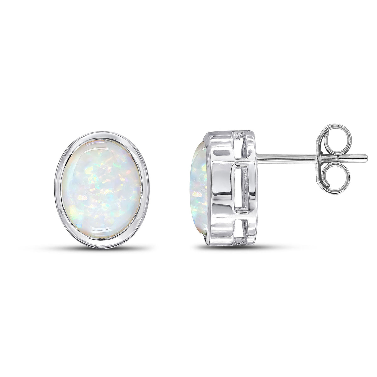 9ct White Gold Oval Natural Opal Rubover Stud Earrings — 9x7mm