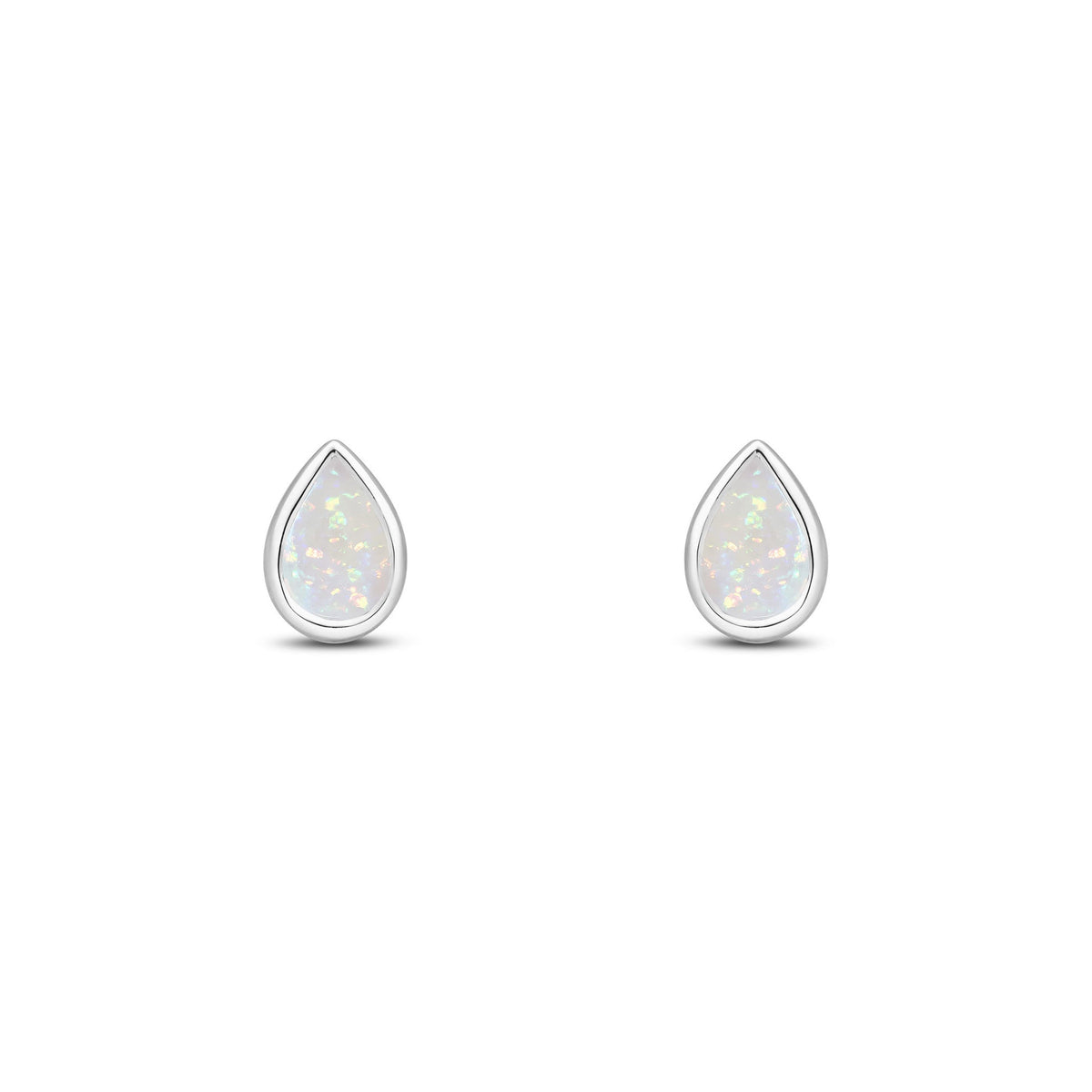 9ct White Gold Pear Shaped Natural Opal Rubover Stud Earrings — 6x4mm