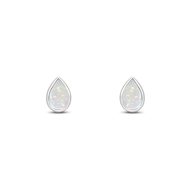 9ct White Gold Pear Shaped Natural Opal Rubover Stud Earrings — 6x4mm