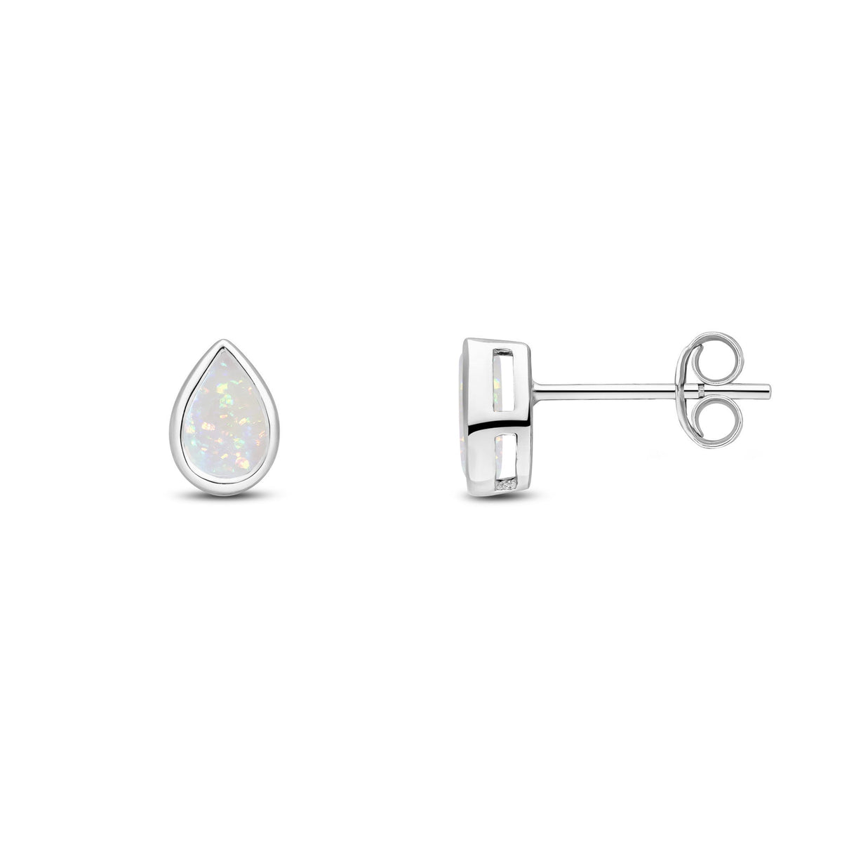 9ct White Gold Pear Shaped Natural Opal Rubover Stud Earrings — 6x4mm