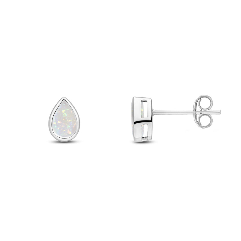 9ct White Gold Pear Shaped Natural Opal Rubover Stud Earrings — 6x4mm