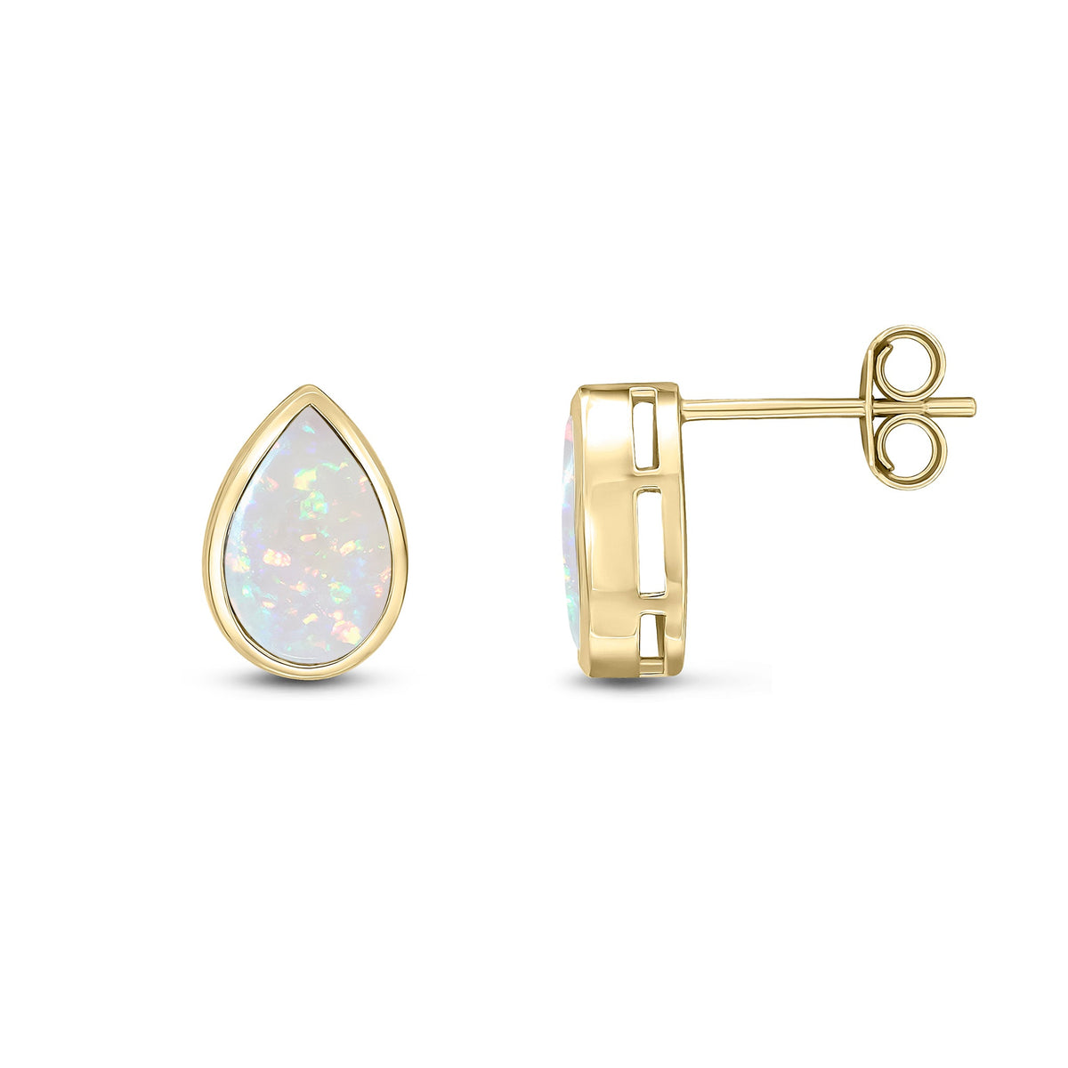 9ct Yellow Gold Pear Shaped Natural Opal Rubover Stud Earrings — 9x6mm