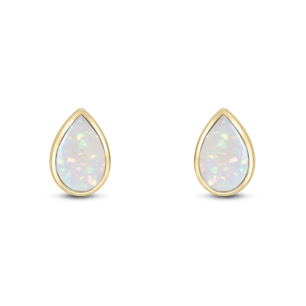 9ct Yellow Gold Pear Shaped Natural Opal Rubover Stud Earrings — 9x6mm