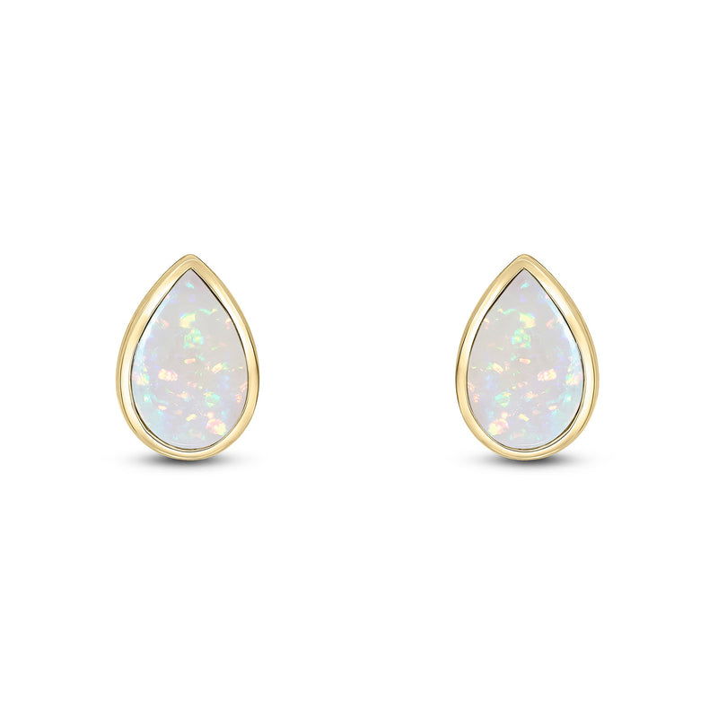 9ct Yellow Gold Pear Shaped Natural Opal Rubover Stud Earrings — 9x6mm
