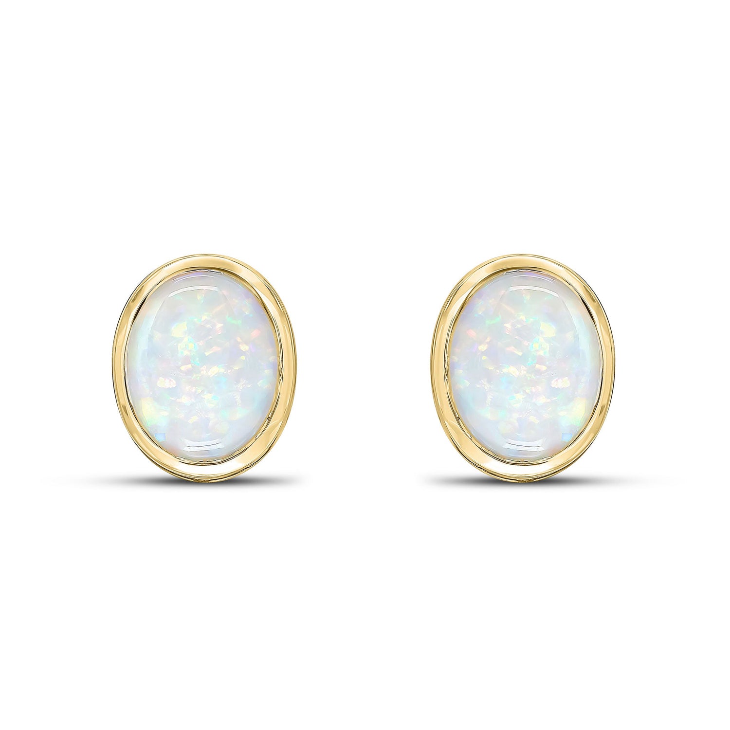 9ct Yellow Gold Oval Natural Opal Rubover Stud Earrings — 9x7mm