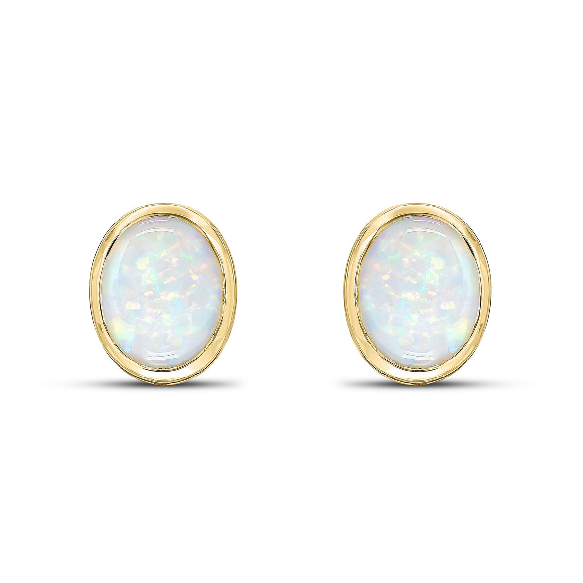9ct Yellow Gold Oval Natural Opal Rubover Stud Earrings — 9x7mm
