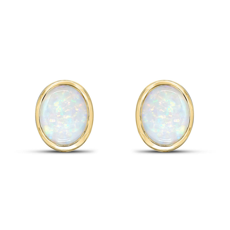 9ct Yellow Gold Oval Natural Opal Rubover Stud Earrings — 9x7mm