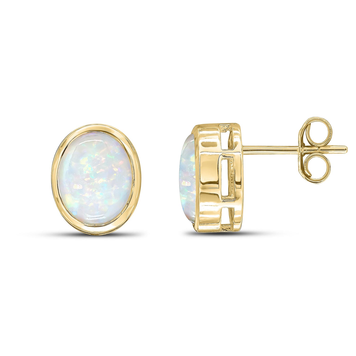 9ct Yellow Gold Oval Natural Opal Rubover Stud Earrings — 9x7mm