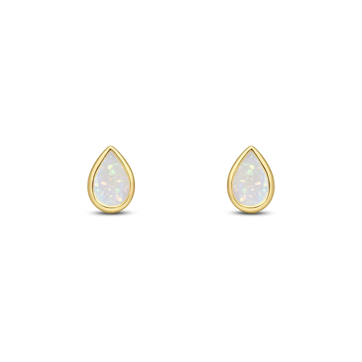 9ct Yellow Gold Pear Shaped Natural Opal Rubover Stud Earrings — 6x4mm