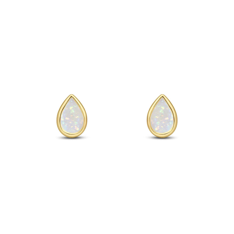 9ct Yellow Gold Pear Shaped Natural Opal Rubover Stud Earrings — 6x4mm