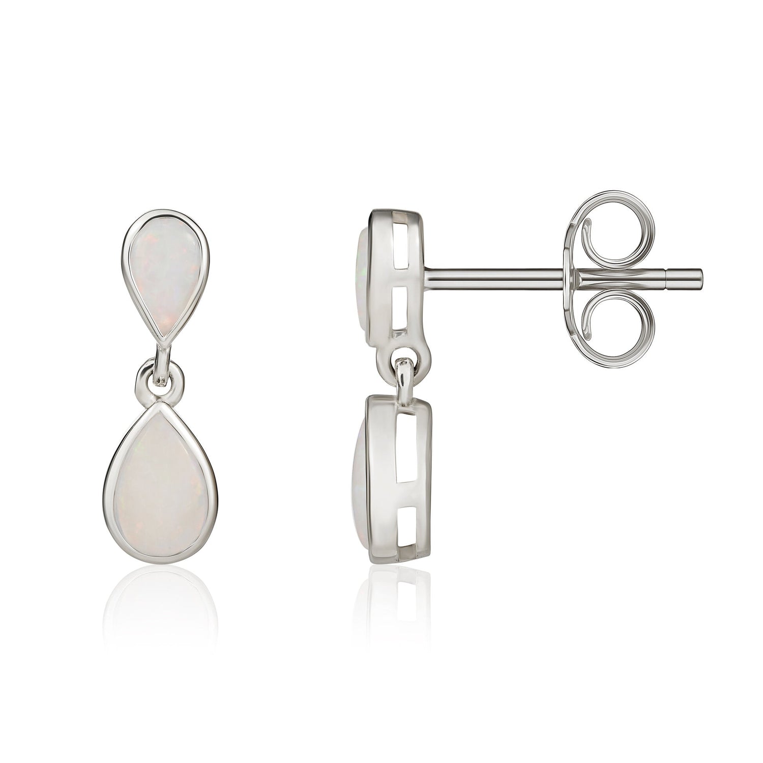 9ct White Gold Pear Shaped Natural Opal Two Stone Rubover Drop Earrings