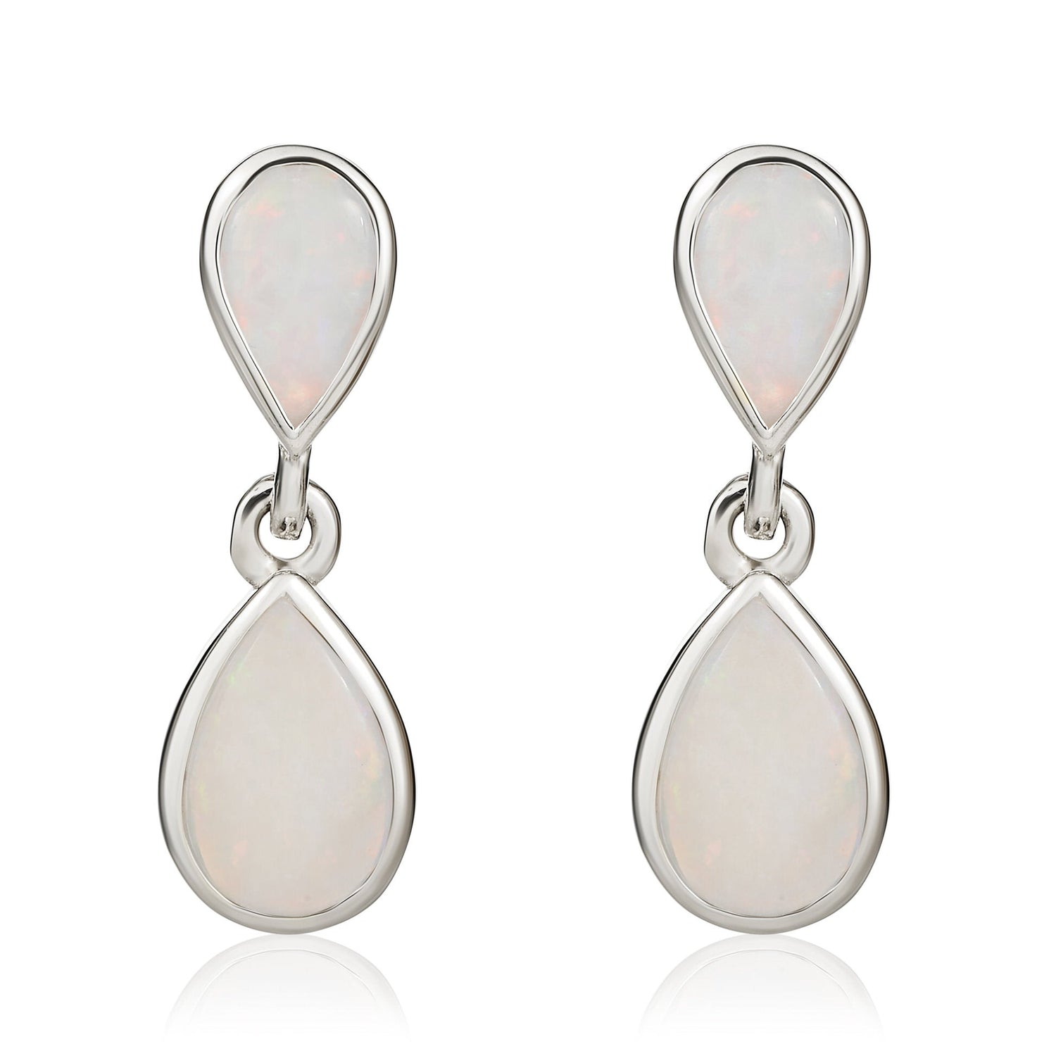 9ct White Gold Pear Shaped Natural Opal Two Stone Rubover Drop Earrings