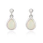 9ct White Gold Pear Shaped Natural Opal Rubover Drop Earrings with 2.5mm Bead Top — 6x4mm