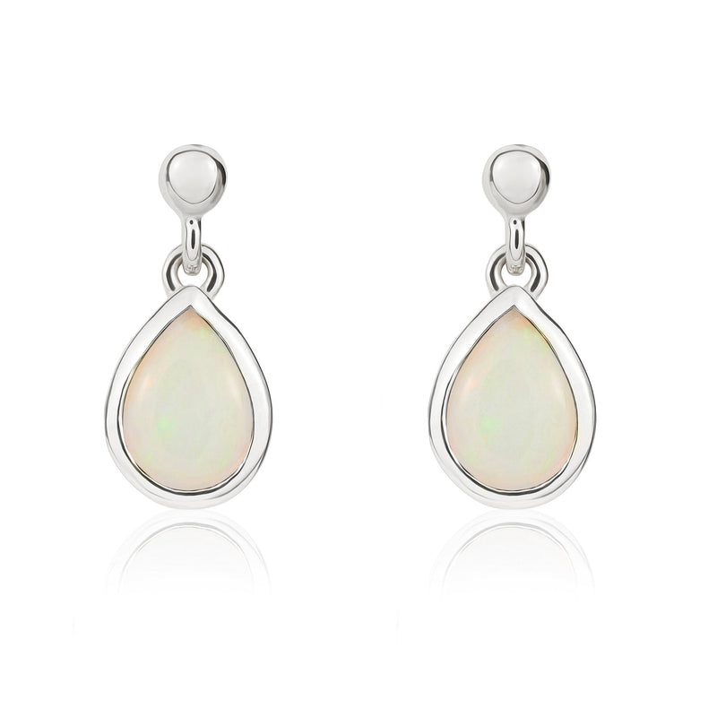 9ct White Gold Pear Shaped Natural Opal Rubover Drop Earrings with 2.5mm Bead Top — 6x4mm