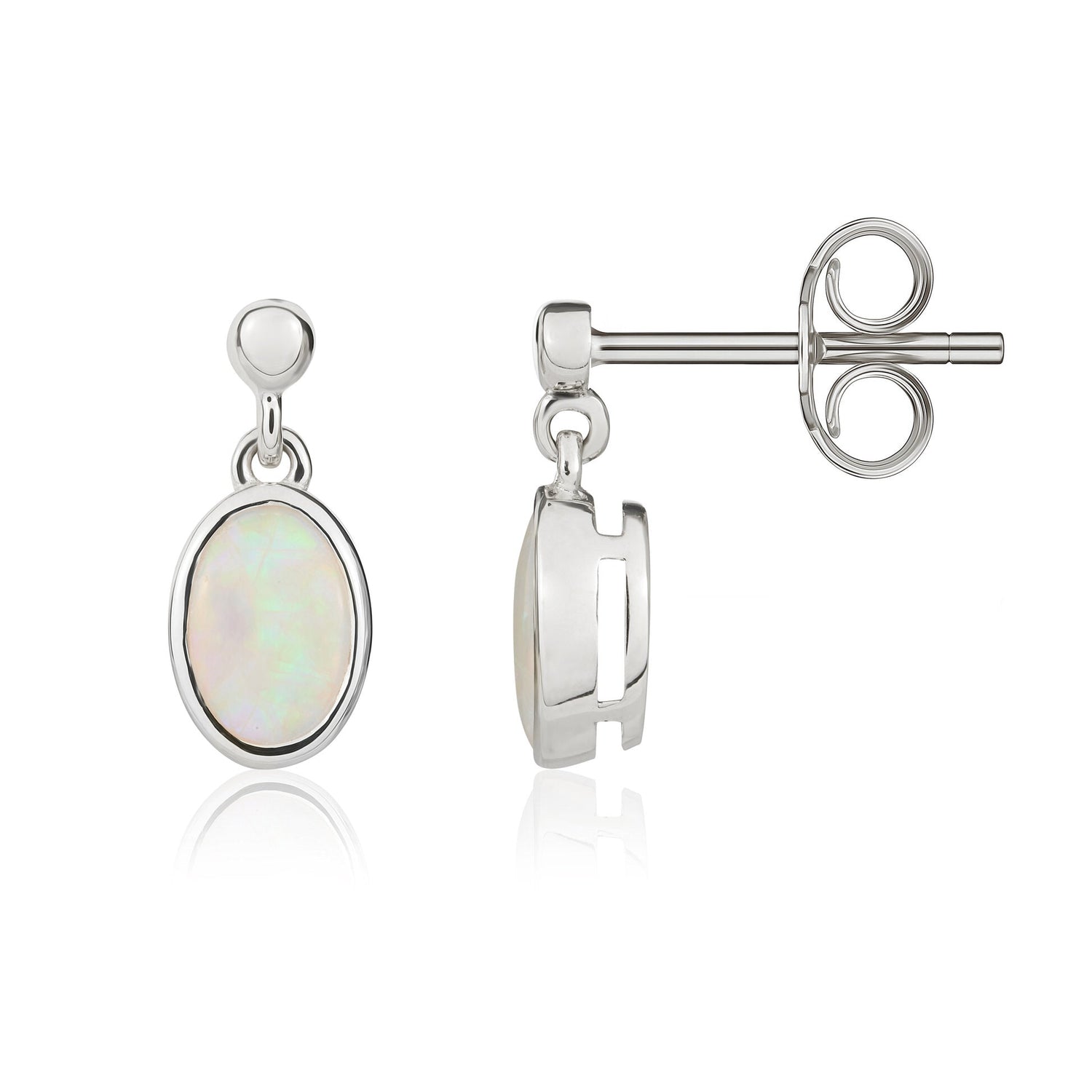 9ct White Gold Natural Oval Opal Drop Earrings — 6x4mm