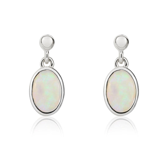 9ct White Gold Natural Oval Opal Drop Earrings — 6x4mm