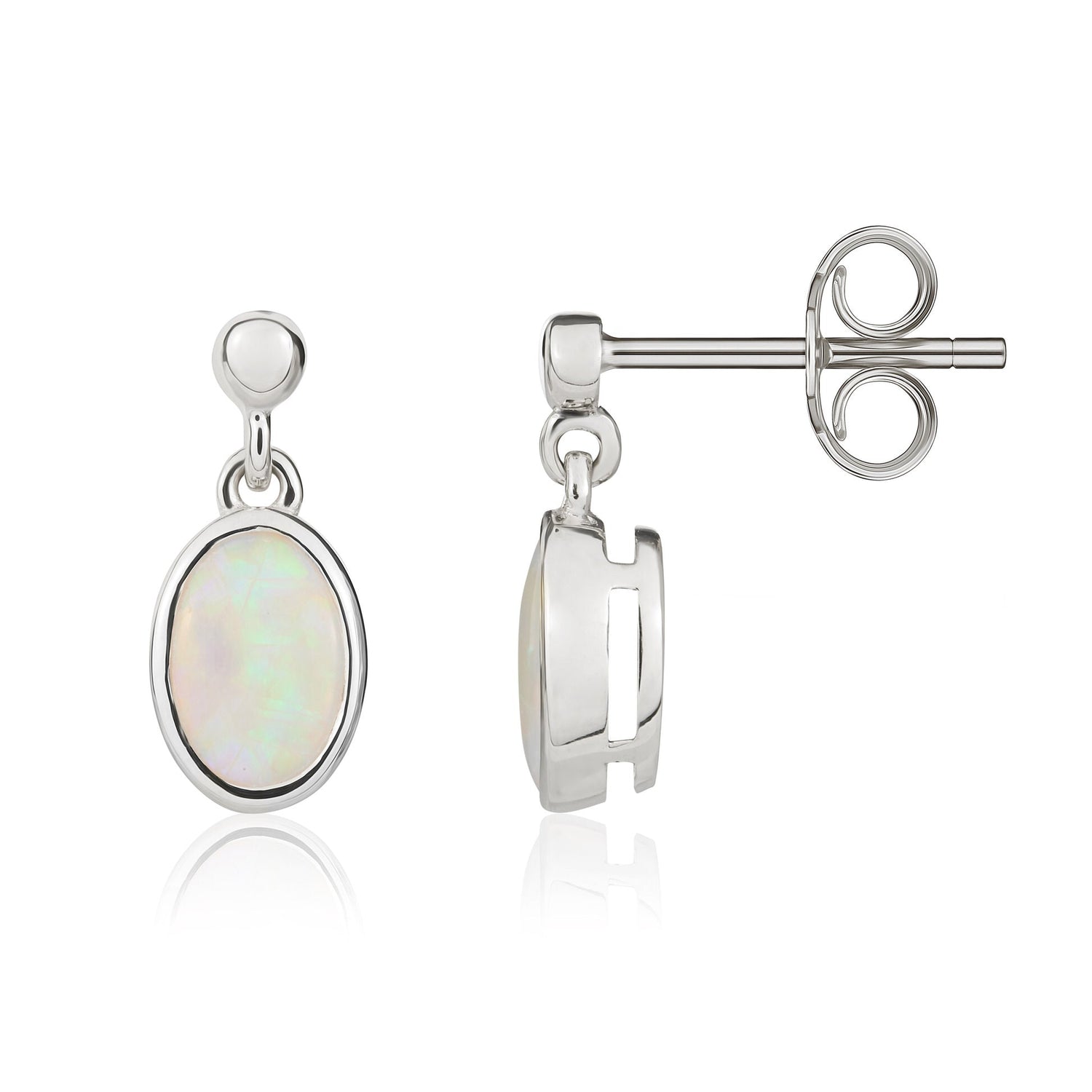 9ct White Gold Oval Natural Opal Drop Earrings — 7x5mm