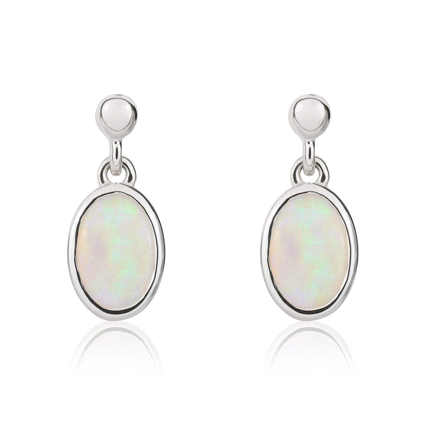 9ct White Gold Oval Natural Opal Drop Earrings — 7x5mm