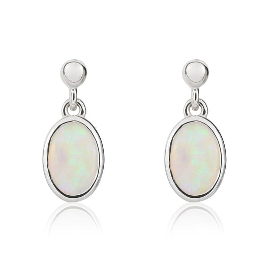 9ct White Gold Oval Natural Opal Drop Earrings — 7x5mm