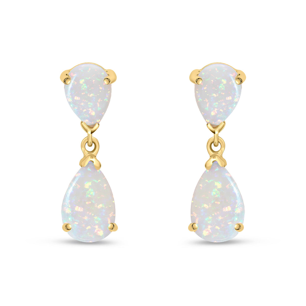 9ct Yellow Gold Pear Shaped Natural Opal Two Stone Claw Drop Earrings — 9x6mm