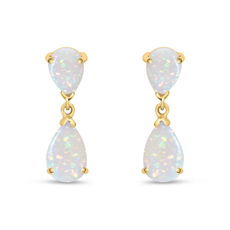 9ct Yellow Gold Pear Shaped Natural Opal Two Stone Claw Drop Earrings — 9x6mm