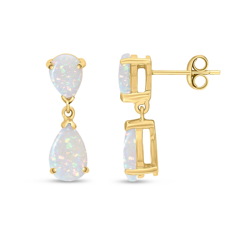 9ct Yellow Gold Pear Shaped Natural Opal Two Stone Claw Drop Earrings — 9x6mm