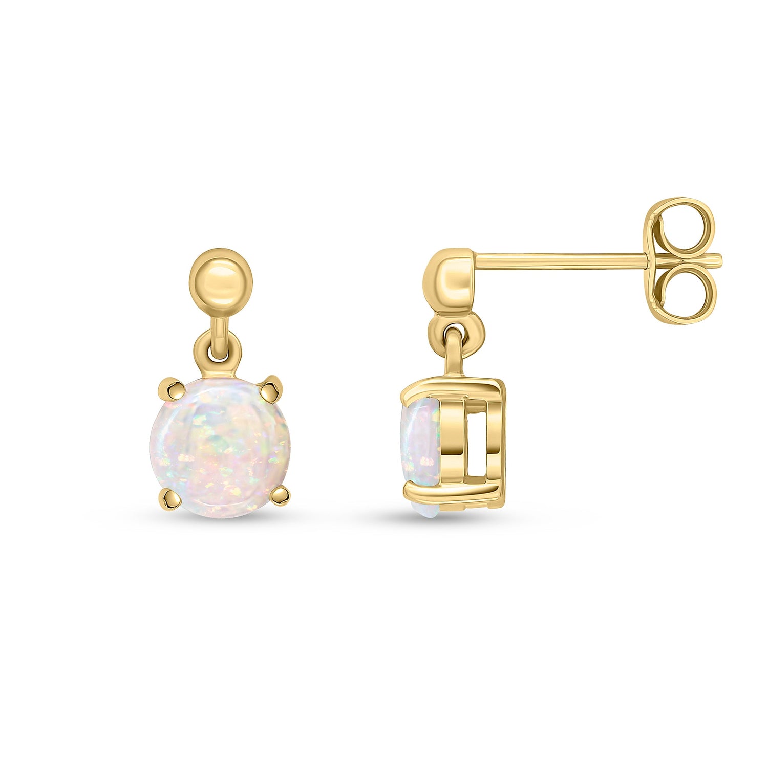 9ct Yellow Gold Round Natural Opal Claw Drop Earrings — 6mm
