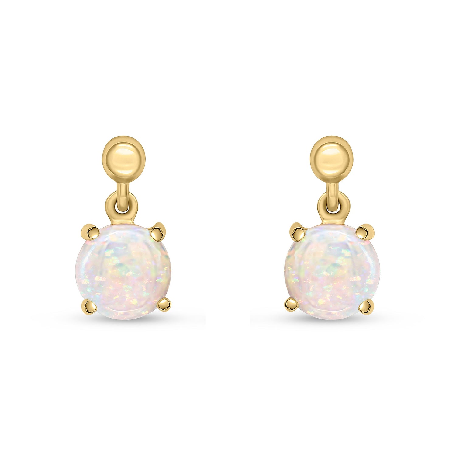 9ct Yellow Gold Round Natural Opal Claw Drop Earrings — 6mm