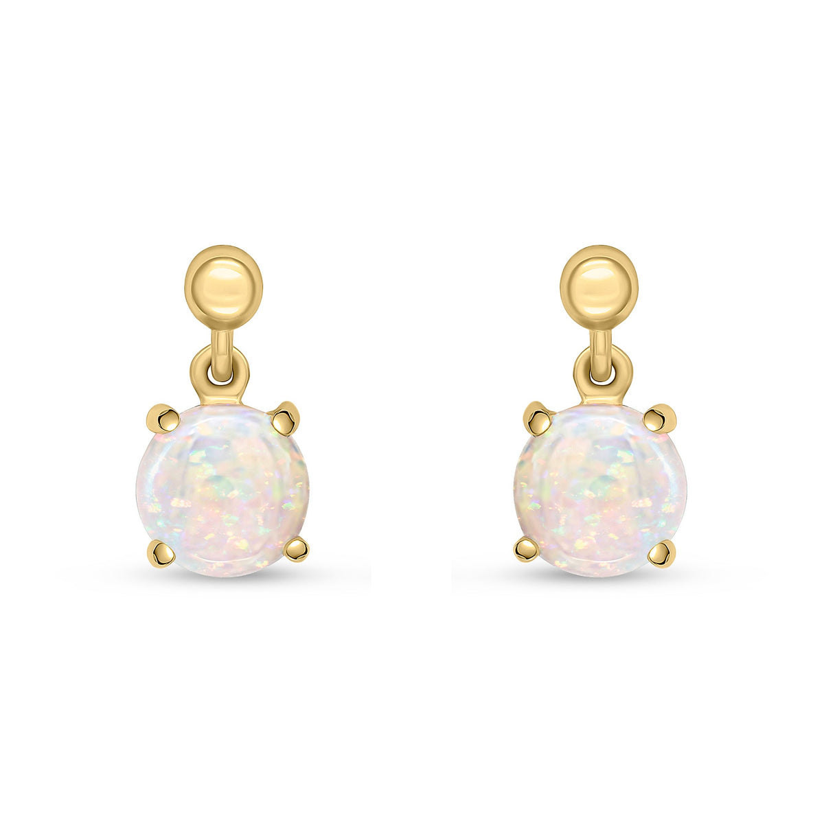9ct Yellow Gold Round Natural Opal Claw Drop Earrings with Bead Top — 6mm