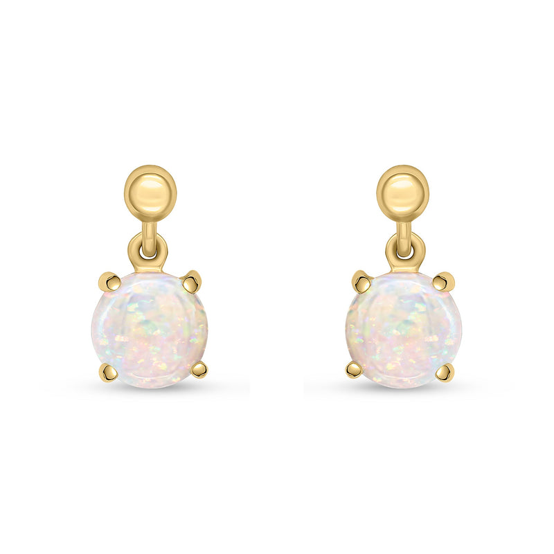 9ct Yellow Gold Round Natural Opal Claw Drop Earrings with Bead Top — 6mm