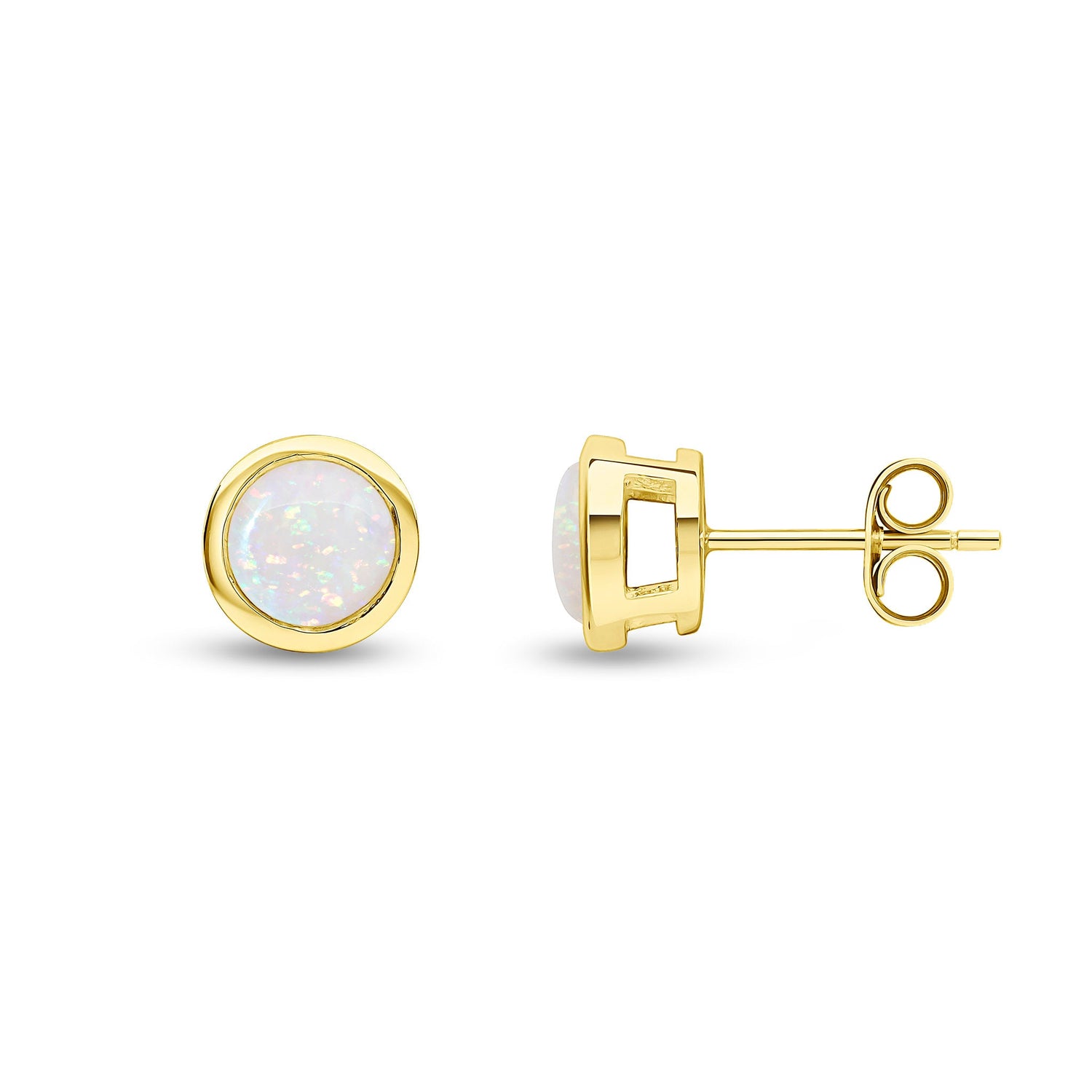 9ct Yellow Gold Round Natural Opal Rubover Stud Earrings — 6mm