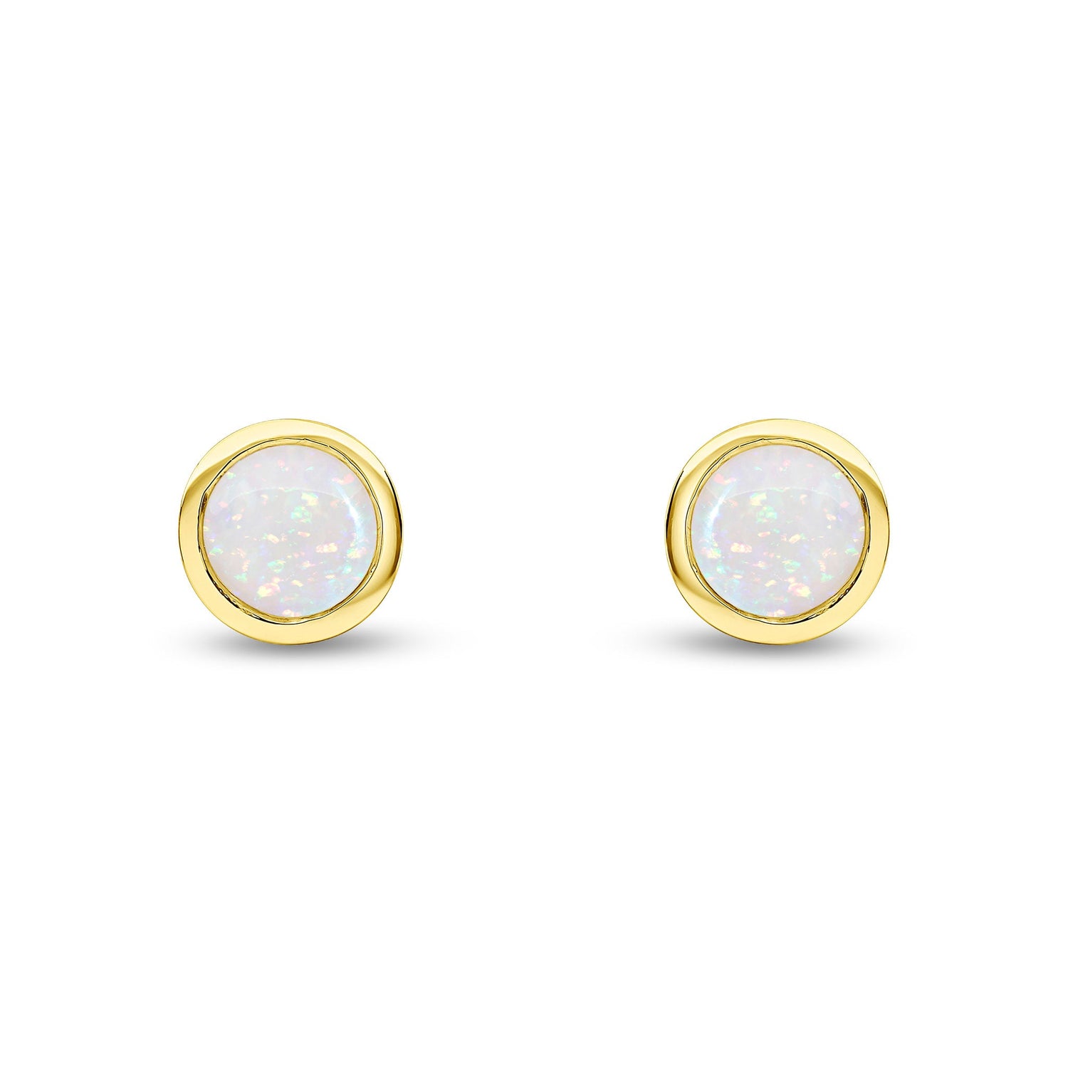 9ct Yellow Gold Round Natural Opal Rubover Stud Earrings — 6mm