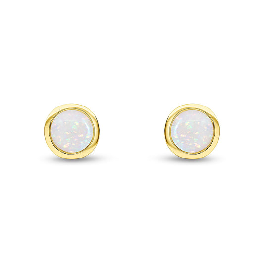 9ct Yellow Gold Round Natural Opal Rubover Stud Earrings — 6mm