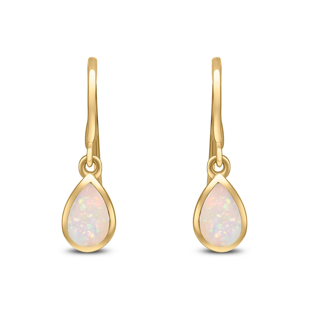 9ct Yellow Gold Pear Shaped Natural Opal Rubover Wire Hook Drop Earrings — 6x4mm