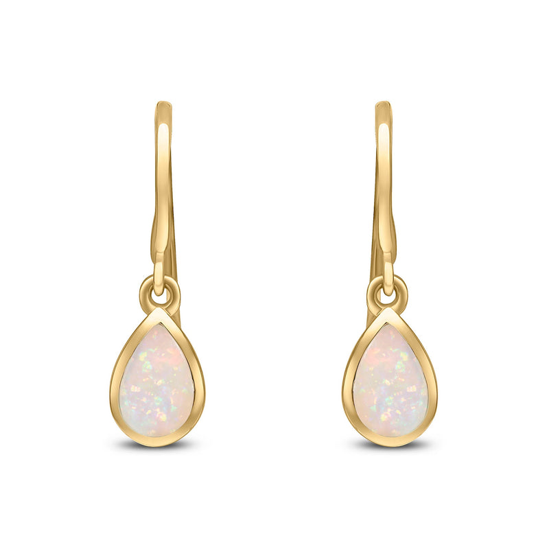 9ct Yellow Gold Pear Shaped Natural Opal Rubover Wire Hook Drop Earrings — 6x4mm