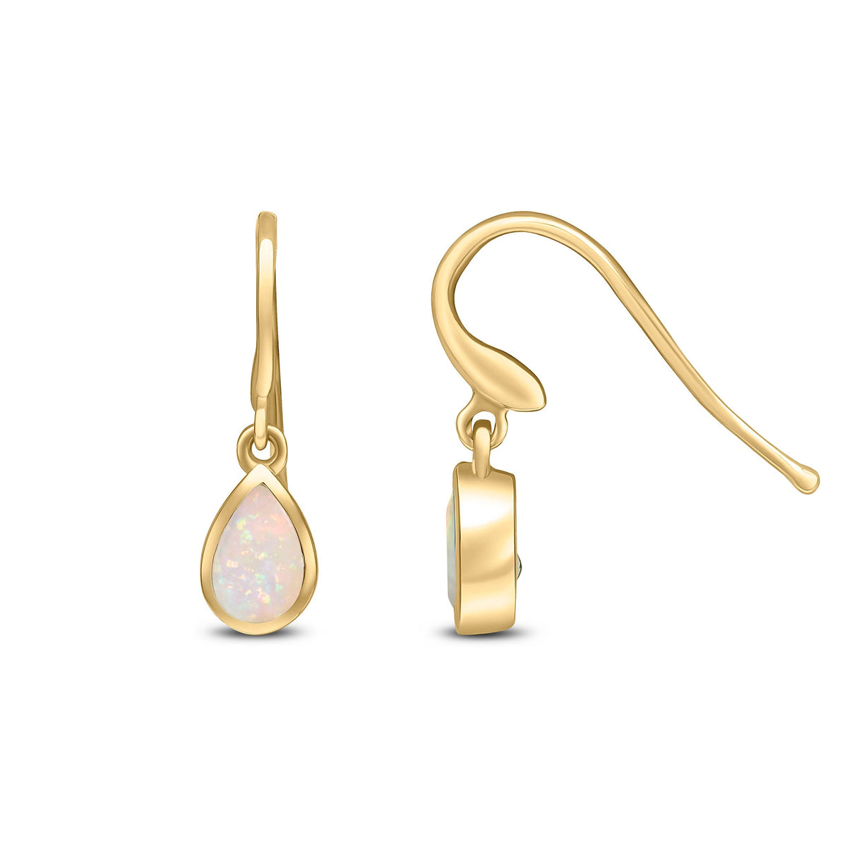 9ct Yellow Gold Pear Shaped Natural Opal Rubover Wire Hook Drop Earrings — 6x4mm
