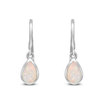 9ct White Gold Pear Shaped Natural Opal Rubover Wire Hook Drop Earrings — 6x4mm