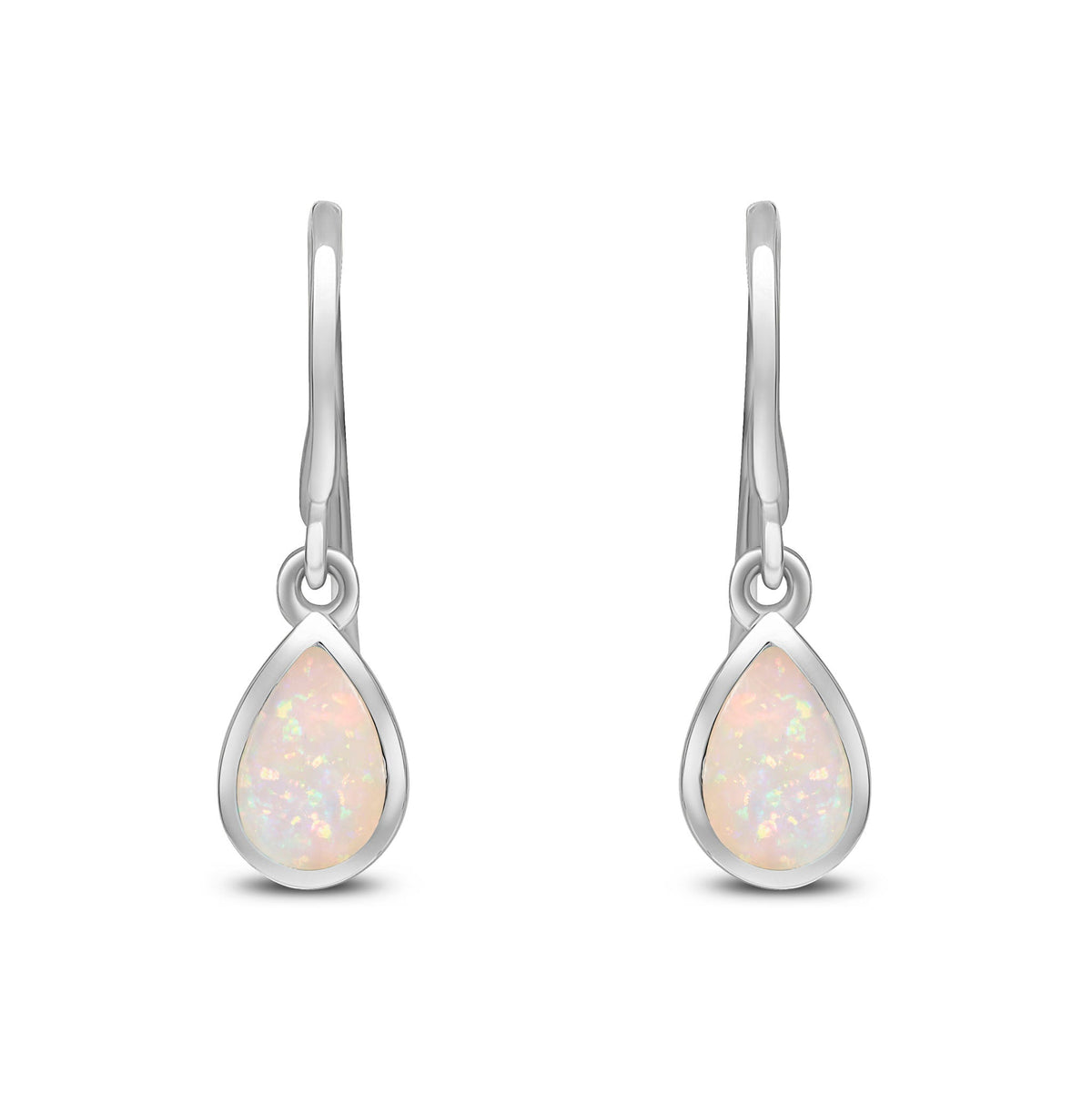 9ct White Gold Pear Shaped Natural Opal Rubover Wire Hook Drop Earrings — 6x4mm