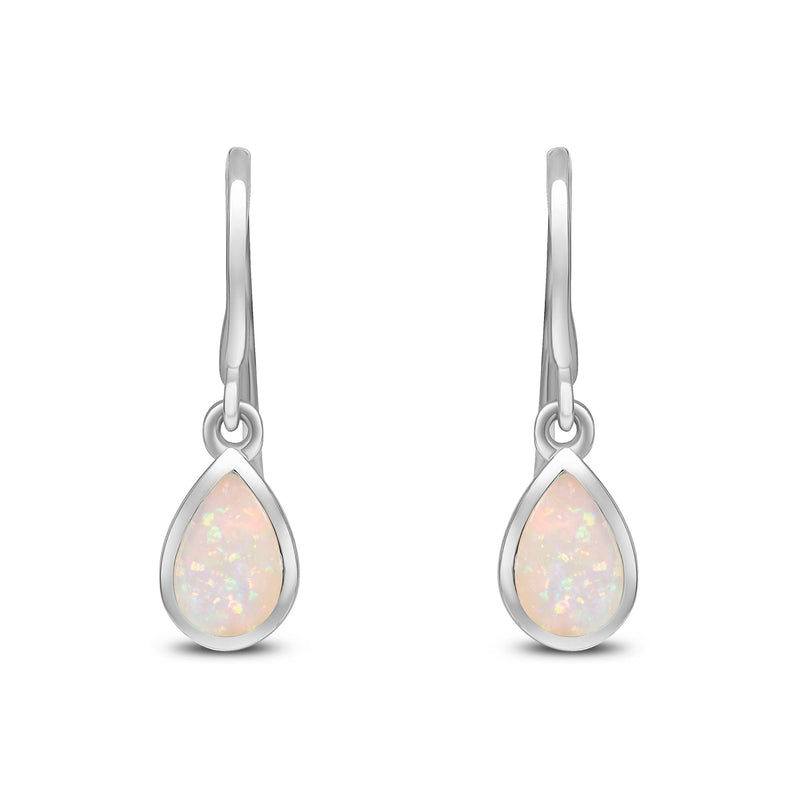 9ct White Gold Pear Shaped Natural Opal Rubover Wire Hook Drop Earrings — 6x4mm