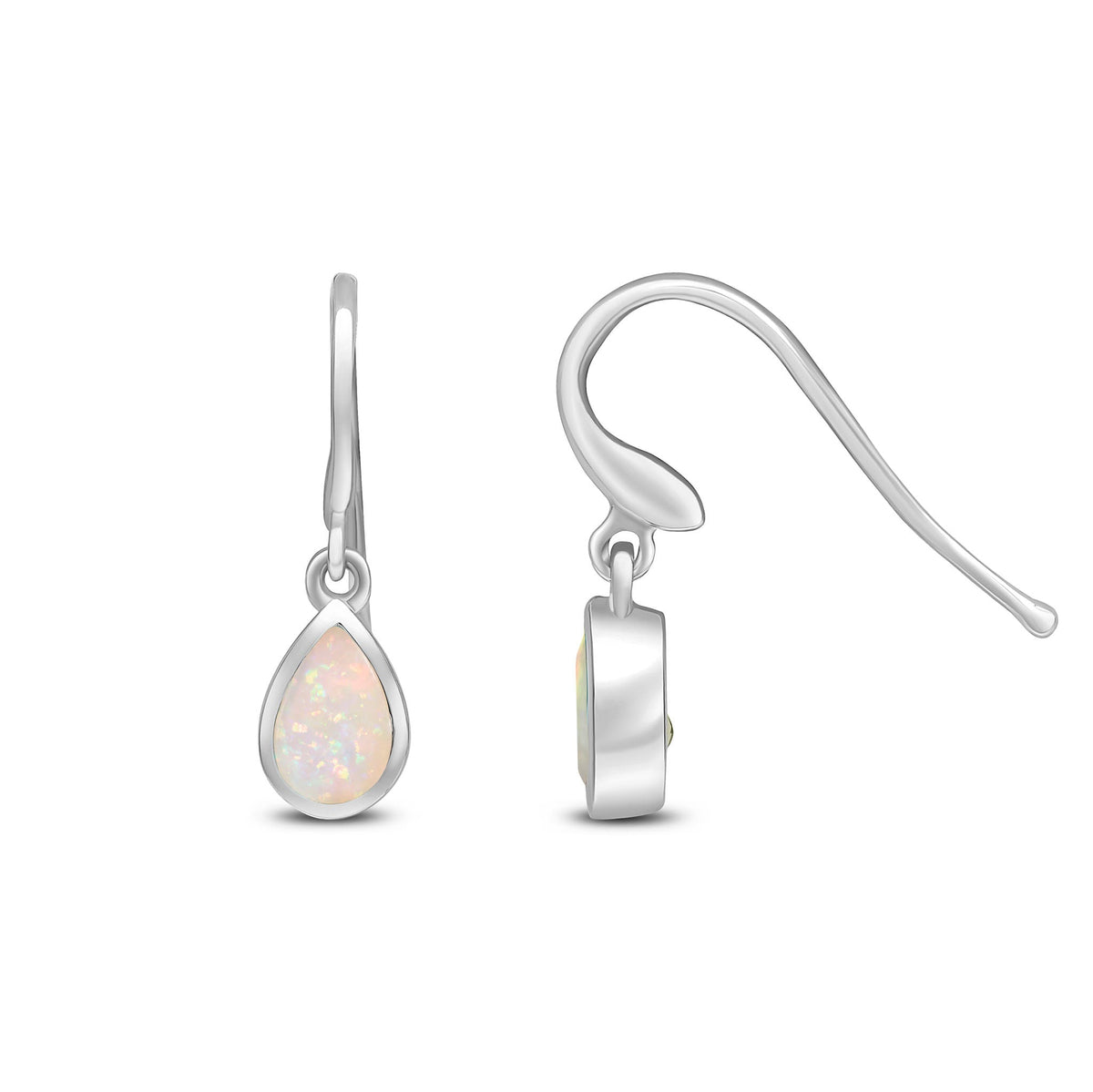 9ct White Gold Pear Shaped Natural Opal Rubover Wire Hook Drop Earrings — 6x4mm