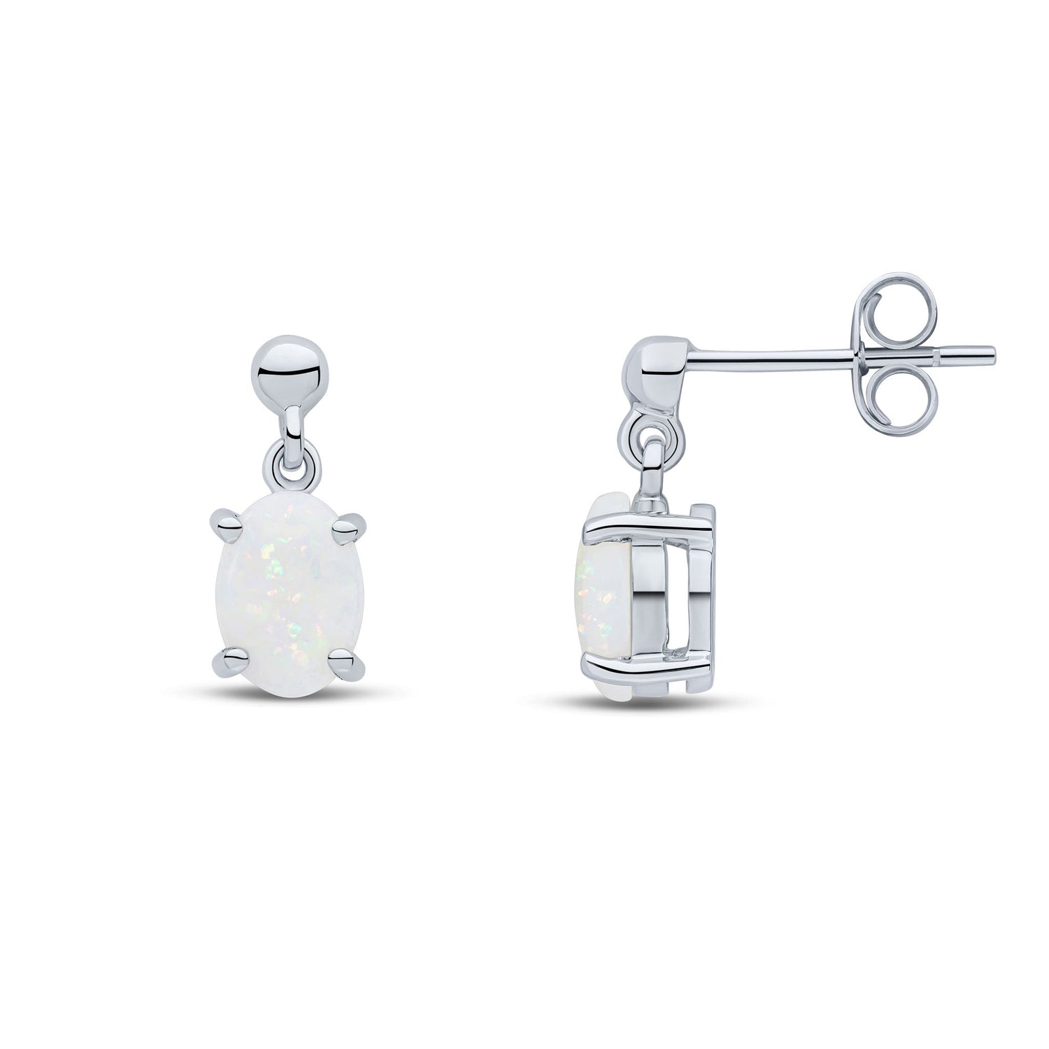 9ct White Gold Oval Natural Opal Claw Drop Earrings with Ball Tops — 7x5mm